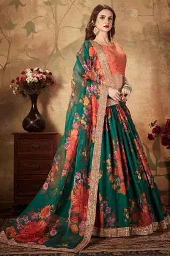 GREEN & ORANGE COLORED DORI, ZARI, AND SEQUINS EMBROIDERED & DIGITAL FLORAL PRINTED ORGANZA WEDDING LEHENGA CHOLI