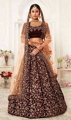 MESMERIZING MAROON THREAD, DORI, AND SEQUINS EMBROIDERED VELVET FABRIC LEHENGA CHOLI FOR BRIDE 1