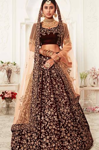 MESMERIZING MAROON THREAD, DORI, AND SEQUINS EMBROIDERED VELVET FABRIC LEHENGA CHOLI FOR BRIDE