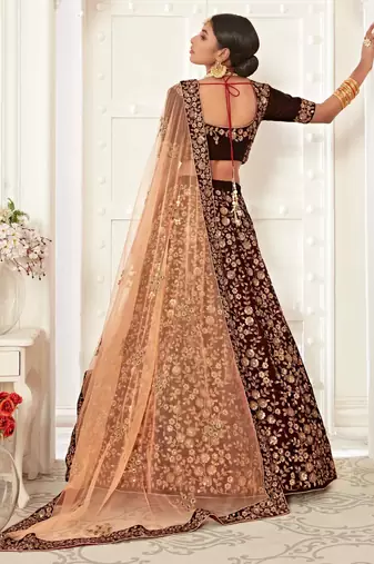 MESMERIZING MAROON THREAD, DORI, AND SEQUINS EMBROIDERED VELVET FABRIC LEHENGA CHOLI FOR BRIDE