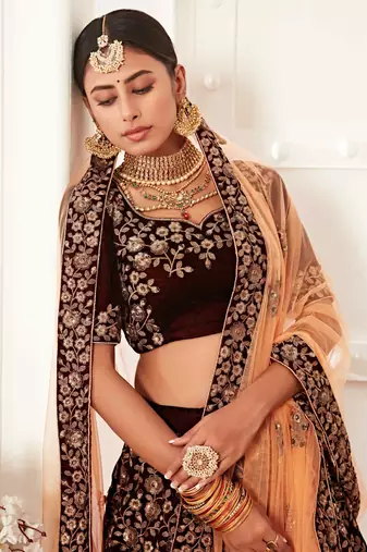 MESMERIZING MAROON THREAD, DORI, AND SEQUINS EMBROIDERED VELVET FABRIC LEHENGA CHOLI FOR BRIDE