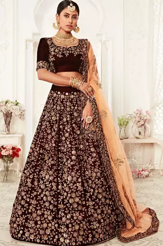 MESMERIZING MAROON THREAD, DORI, AND SEQUINS EMBROIDERED VELVET FABRIC LEHENGA CHOLI FOR BRIDE