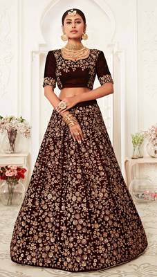 MESMERIZING MAROON THREAD, DORI, AND SEQUINS EMBROIDERED VELVET FABRIC LEHENGA CHOLI FOR BRIDE 5