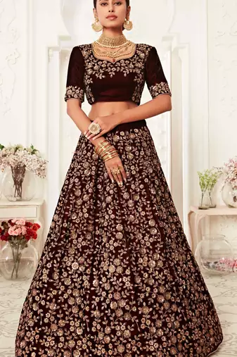 MESMERIZING MAROON THREAD, DORI, AND SEQUINS EMBROIDERED VELVET FABRIC LEHENGA CHOLI FOR BRIDE