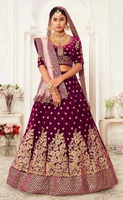 ENGAGING PURPLE ZARI, SEQUINS AND THREAD EMBROIDERED VELVET FABRIC LEHENGA CHOLI FOR DULHAN 1