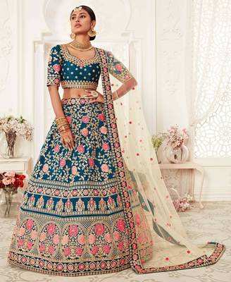 GLAMOROUS RAMA BLUE ZARI, SEQUINS AND THREAD EMBROIDERED SLUB SILK FABRIC LEHENGA CHOLI FOR BRIDE 1