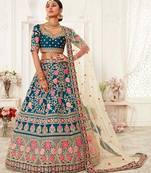 GLAMOROUS RAMA BLUE ZARI, SEQUINS AND THREAD EMBROIDERED SLUB SILK FABRIC LEHENGA CHOLI FOR BRIDE