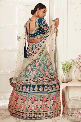 GLAMOROUS RAMA BLUE ZARI, SEQUINS AND THREAD EMBROIDERED SLUB SILK FABRIC LEHENGA CHOLI FOR BRIDE