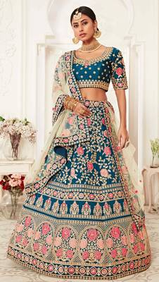 GLAMOROUS RAMA BLUE ZARI, SEQUINS AND THREAD EMBROIDERED SLUB SILK FABRIC LEHENGA CHOLI FOR BRIDE 4