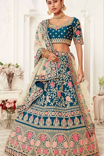 GLAMOROUS RAMA BLUE ZARI, SEQUINS AND THREAD EMBROIDERED SLUB SILK FABRIC LEHENGA CHOLI FOR BRIDE