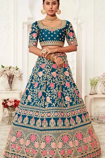 GLAMOROUS RAMA BLUE ZARI, SEQUINS AND THREAD EMBROIDERED SLUB SILK FABRIC LEHENGA CHOLI FOR BRIDE