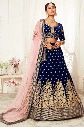 ALLURING NAVY-BLUE ZARI, SEQUINS AND THREAD EMBROIDERED VELVET FABRIC LEHENGA CHOLI FOR BRIDAL
