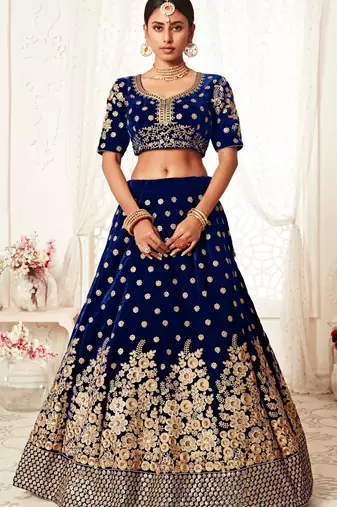 ALLURING NAVY-BLUE ZARI, SEQUINS AND THREAD EMBROIDERED VELVET FABRIC LEHENGA CHOLI FOR BRIDAL