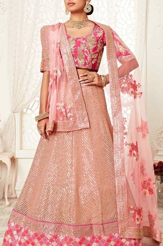 HYPNOTIZING PINK ZARI, SEQUINS AND THREAD EMBROIDERED DESIGNER NET FABRIC LEHENGA CHOLI