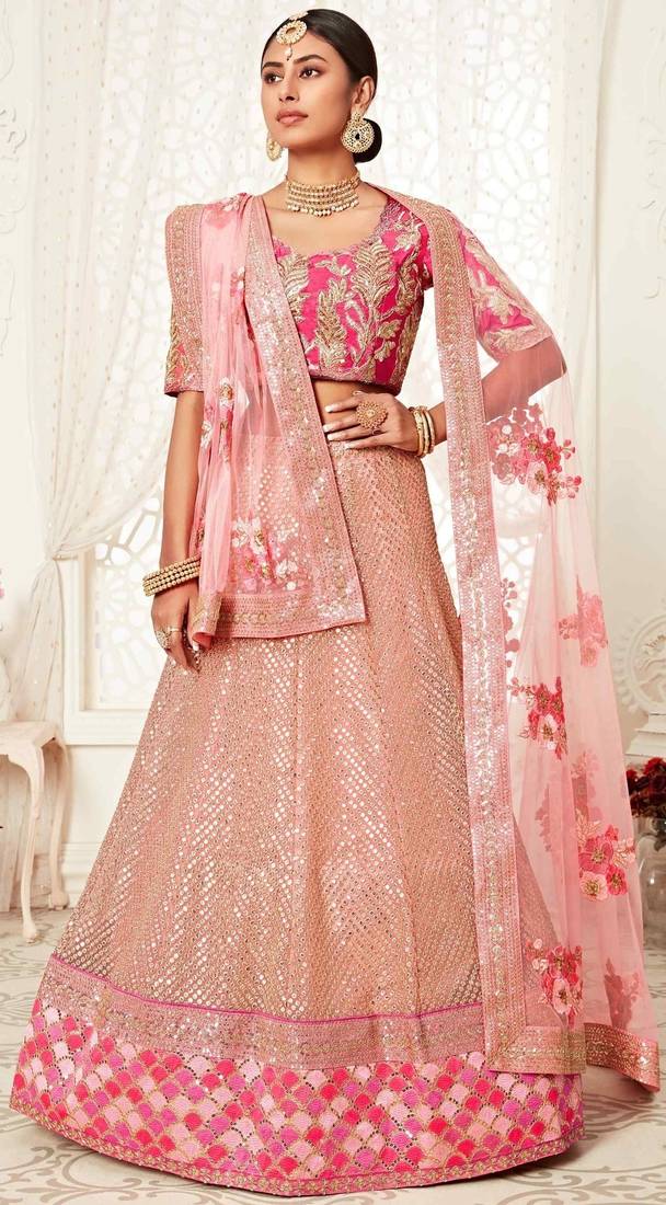 HYPNOTIZING PINK ZARI, SEQUINS AND THREAD EMBROIDERED DESIGNER NET FABRIC LEHENGA CHOLI