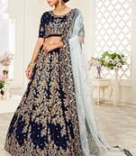 DELIGHTFUL NAVY-BLUE ZARI, SEQUINS AND THREAD EMBROIDERED VELVET FABRIC LEHENGA CHOLI FOR BRIDE