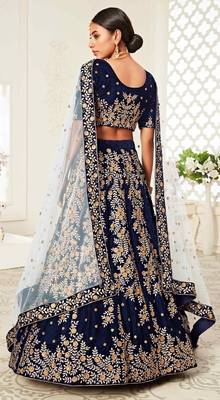 DELIGHTFUL NAVY-BLUE ZARI, SEQUINS AND THREAD EMBROIDERED VELVET FABRIC LEHENGA CHOLI FOR BRIDE 2