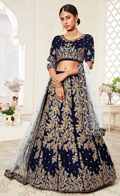 DELIGHTFUL NAVY-BLUE ZARI, SEQUINS AND THREAD EMBROIDERED VELVET FABRIC LEHENGA CHOLI FOR BRIDE 4