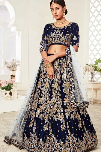 DELIGHTFUL NAVY-BLUE ZARI, SEQUINS AND THREAD EMBROIDERED VELVET FABRIC LEHENGA CHOLI FOR BRIDE