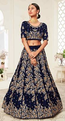 DELIGHTFUL NAVY-BLUE ZARI, SEQUINS AND THREAD EMBROIDERED VELVET FABRIC LEHENGA CHOLI FOR BRIDE 5