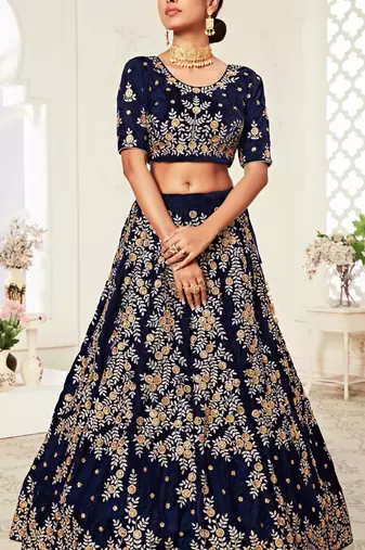 DELIGHTFUL NAVY-BLUE ZARI, SEQUINS AND THREAD EMBROIDERED VELVET FABRIC LEHENGA CHOLI FOR BRIDE