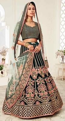 DELIGHTFUL DARK GREEN ZARI, SEQUINS AND THREAD EMBROIDERED VELVET FABRIC LEHENGA CHOLI FOR WEDDING 1