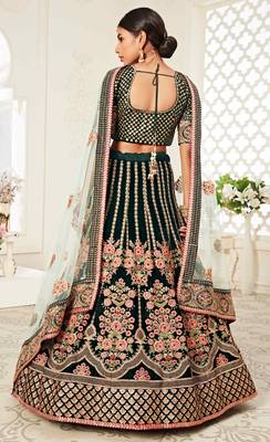 DELIGHTFUL DARK GREEN ZARI, SEQUINS AND THREAD EMBROIDERED VELVET FABRIC LEHENGA CHOLI FOR WEDDING 2