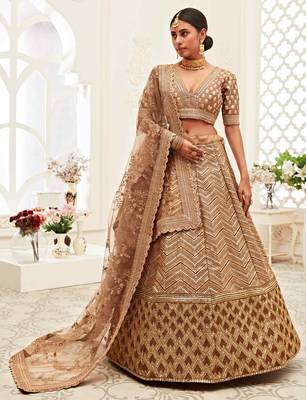 PREPOSSESSING BROWN GOLDEN SEQUINS EMBROIDERED SILK FABRIC LEHENGA CHOLI FOR WEDDING 1