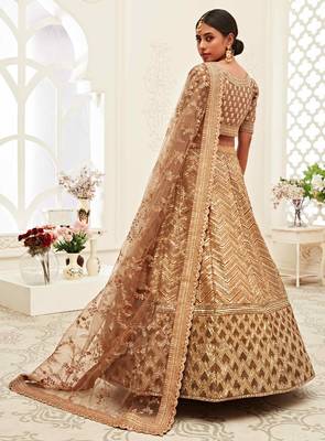 PREPOSSESSING BROWN GOLDEN SEQUINS EMBROIDERED SILK FABRIC LEHENGA CHOLI FOR WEDDING 2