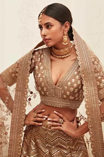 PREPOSSESSING BROWN GOLDEN SEQUINS EMBROIDERED SILK FABRIC LEHENGA CHOLI FOR WEDDING