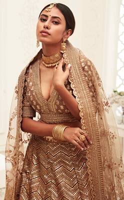 PREPOSSESSING BROWN GOLDEN SEQUINS EMBROIDERED SILK FABRIC LEHENGA CHOLI FOR WEDDING 4