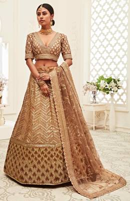 PREPOSSESSING BROWN GOLDEN SEQUINS EMBROIDERED SILK FABRIC LEHENGA CHOLI FOR WEDDING 5