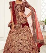MESMERIZING DARK RED ZARI, SEQUINS AND THREAD EMBROIDERED VELVET FABRIC LEHENGA CHOLI FOR WEDDING