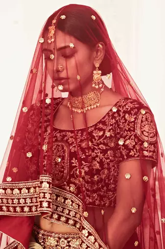 MESMERIZING DARK RED ZARI, SEQUINS AND THREAD EMBROIDERED VELVET FABRIC LEHENGA CHOLI FOR WEDDING