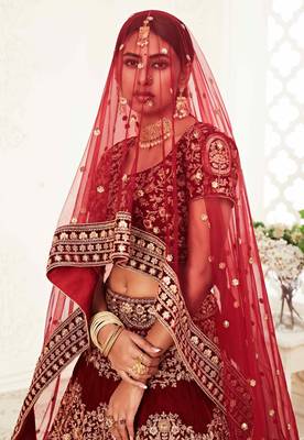MESMERIZING DARK RED ZARI, SEQUINS AND THREAD EMBROIDERED VELVET FABRIC LEHENGA CHOLI FOR WEDDING 4