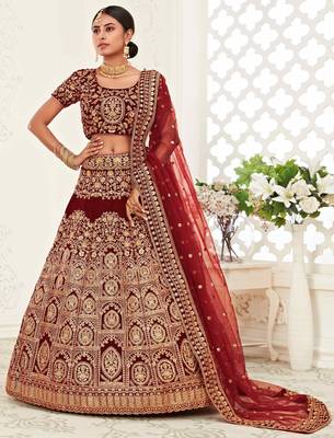 MESMERIZING DARK RED ZARI, SEQUINS AND THREAD EMBROIDERED VELVET FABRIC LEHENGA CHOLI FOR WEDDING 5
