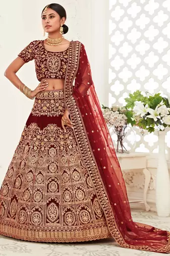 MESMERIZING DARK RED ZARI, SEQUINS AND THREAD EMBROIDERED VELVET FABRIC LEHENGA CHOLI FOR WEDDING