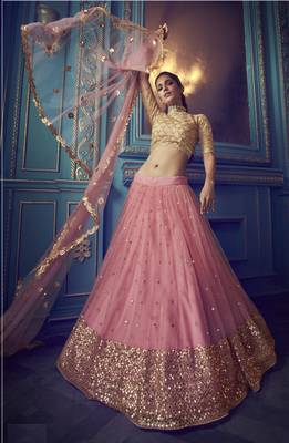 PINK SEQUINS AND DORI EMBROIDERED SOFT NET FESTIVE & PARTY WEAR SEMI STITCHED LEHENGA 2