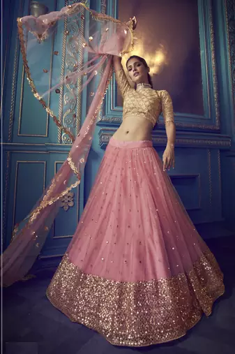 PINK SEQUINS AND DORI EMBROIDERED SOFT NET FESTIVE & PARTY WEAR SEMI STITCHED LEHENGA