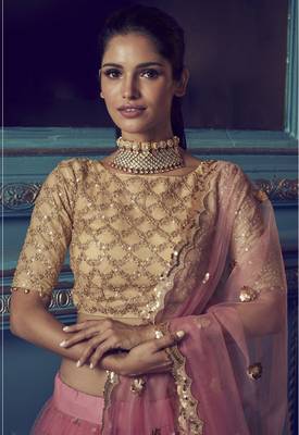 PINK SEQUINS AND DORI EMBROIDERED SOFT NET FESTIVE & PARTY WEAR SEMI STITCHED LEHENGA 4