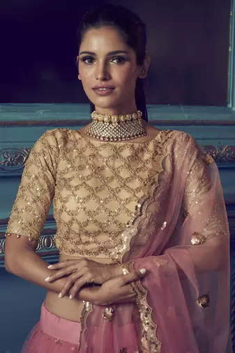 PINK SEQUINS AND DORI EMBROIDERED SOFT NET FESTIVE & PARTY WEAR SEMI STITCHED LEHENGA