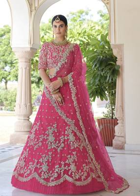 PINK SEQUINS AND DORI EMBROIDERED SOFT NET FESTIVE & PARTY WEAR SEMI STITCHED LEHENGA 1