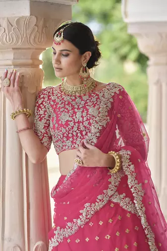 PINK SEQUINS AND DORI EMBROIDERED SOFT NET FESTIVE & PARTY WEAR SEMI STITCHED LEHENGA