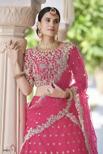 PINK SEQUINS AND DORI EMBROIDERED SOFT NET FESTIVE & PARTY WEAR SEMI STITCHED LEHENGA