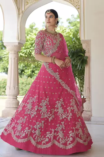 PINK SEQUINS AND DORI EMBROIDERED SOFT NET FESTIVE & PARTY WEAR SEMI STITCHED LEHENGA