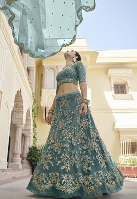 TURQUOISE SEQUINS AND DORI EMBROIDERED SOFT NET FESTIVE & PARTY WEAR SEMI STITCHED LEHENGA 2