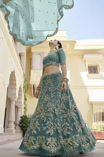TURQUOISE SEQUINS AND DORI EMBROIDERED SOFT NET FESTIVE & PARTY WEAR SEMI STITCHED LEHENGA