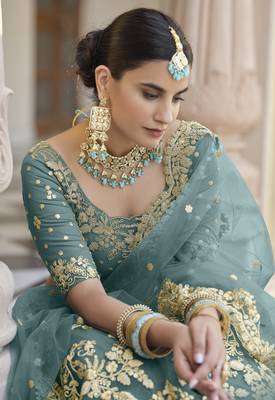 TURQUOISE SEQUINS AND DORI EMBROIDERED SOFT NET FESTIVE & PARTY WEAR SEMI STITCHED LEHENGA 4