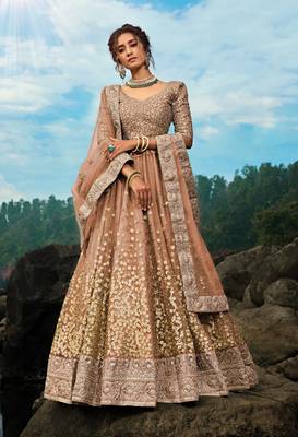 BROWN SEQUINS AND DORI EMBROIDERED SOFT NET FESTIVE & PARTY WEAR SEMI STITCHED LEHENGA 1