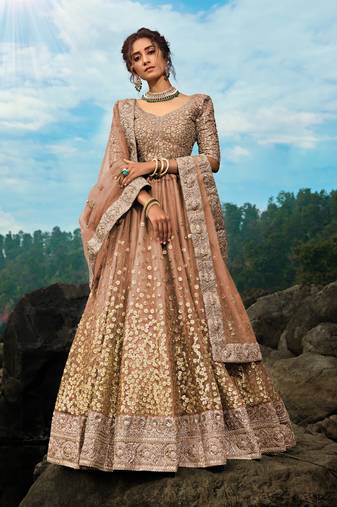 BROWN SEQUINS AND DORI EMBROIDERED SOFT NET FESTIVE & PARTY WEAR SEMI STITCHED LEHENGA